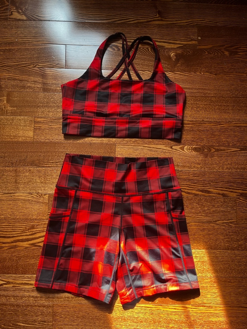 Red and Black Plaid Sports Bra & Gym Shorts Set - Constantly Varied Gear